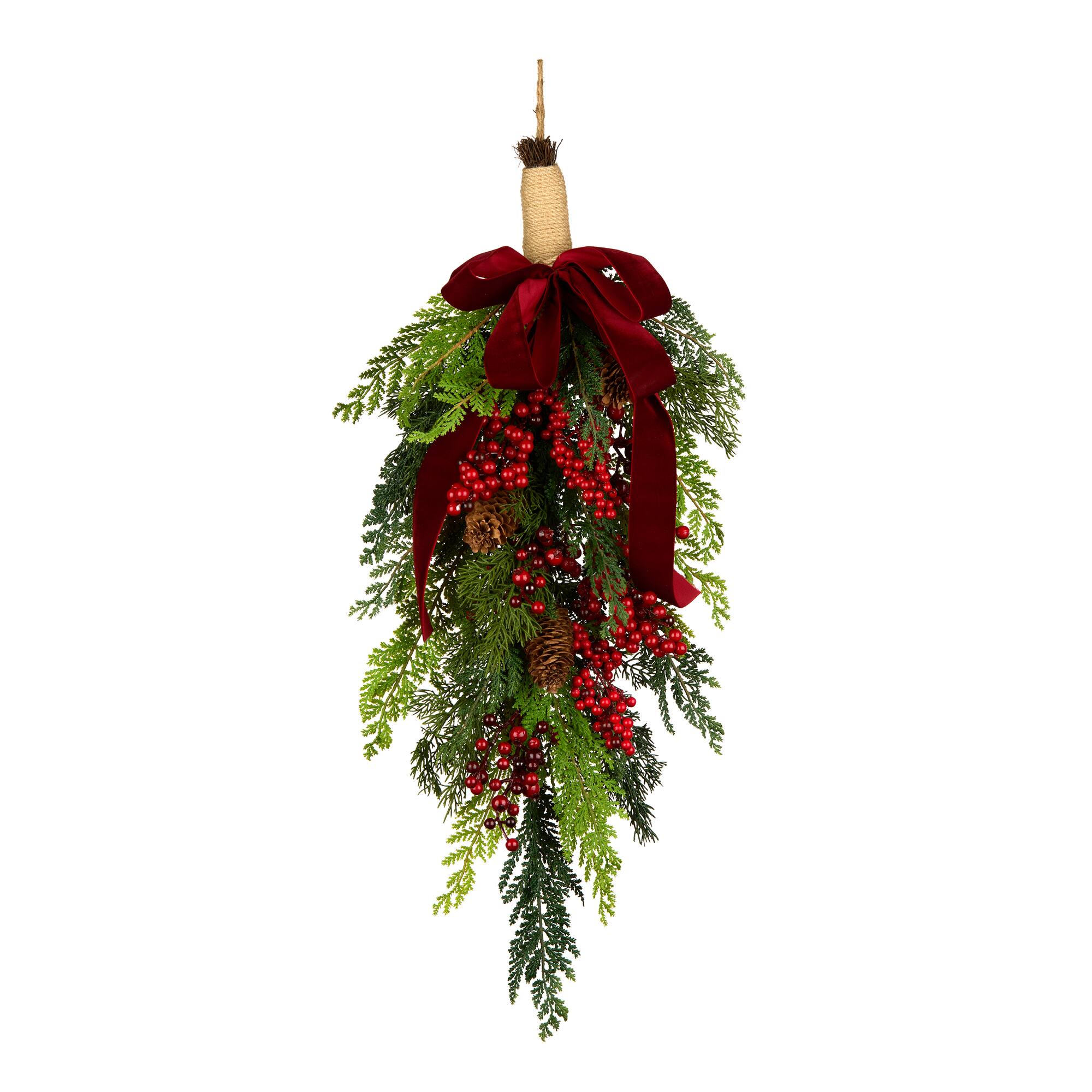 28" Christmas Joy Cypress, Red Berry & Pinecone Teardrop Swag